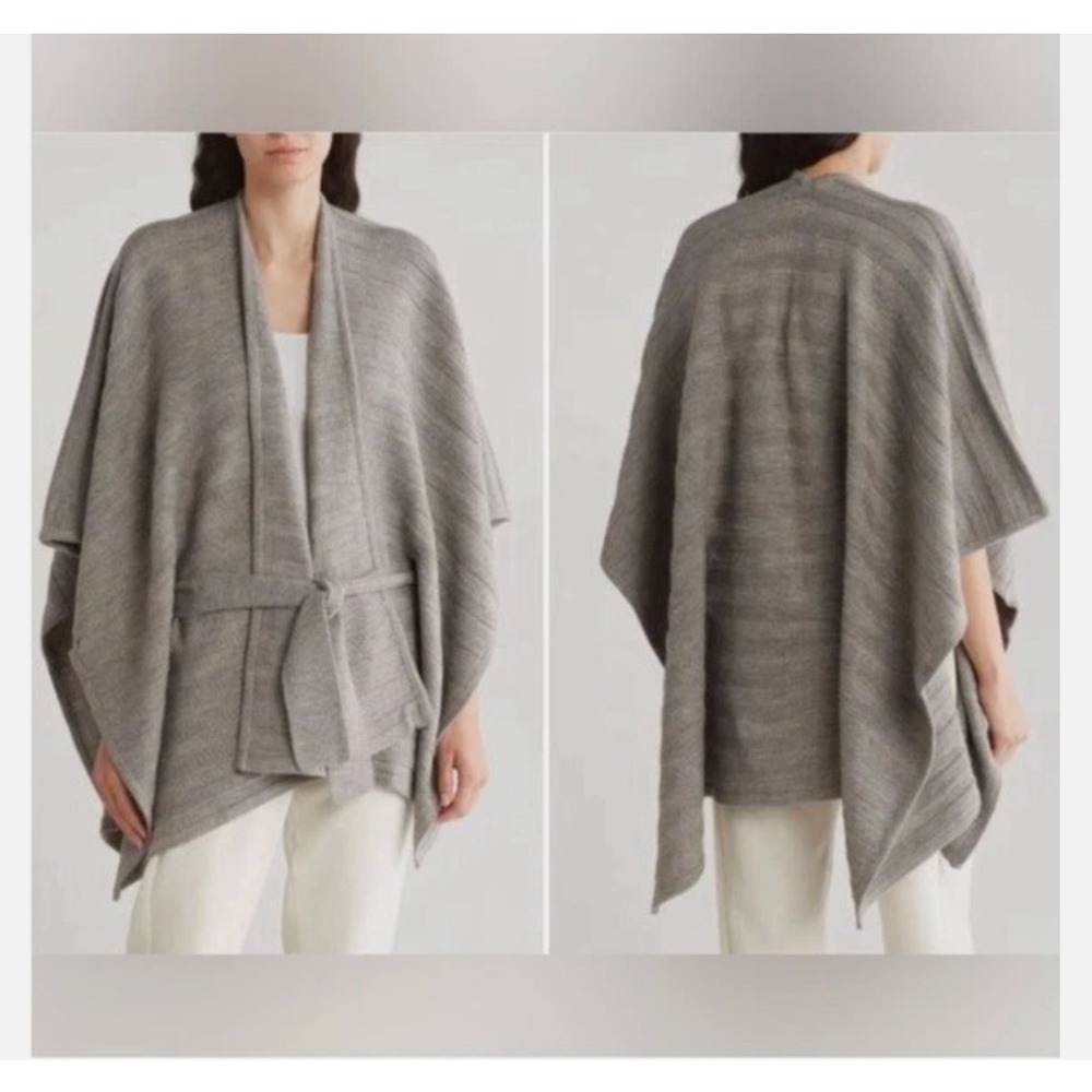 KATE SPADE Ruana Poncho Cape Sweater Textured Stripe Belted - One Size Gray